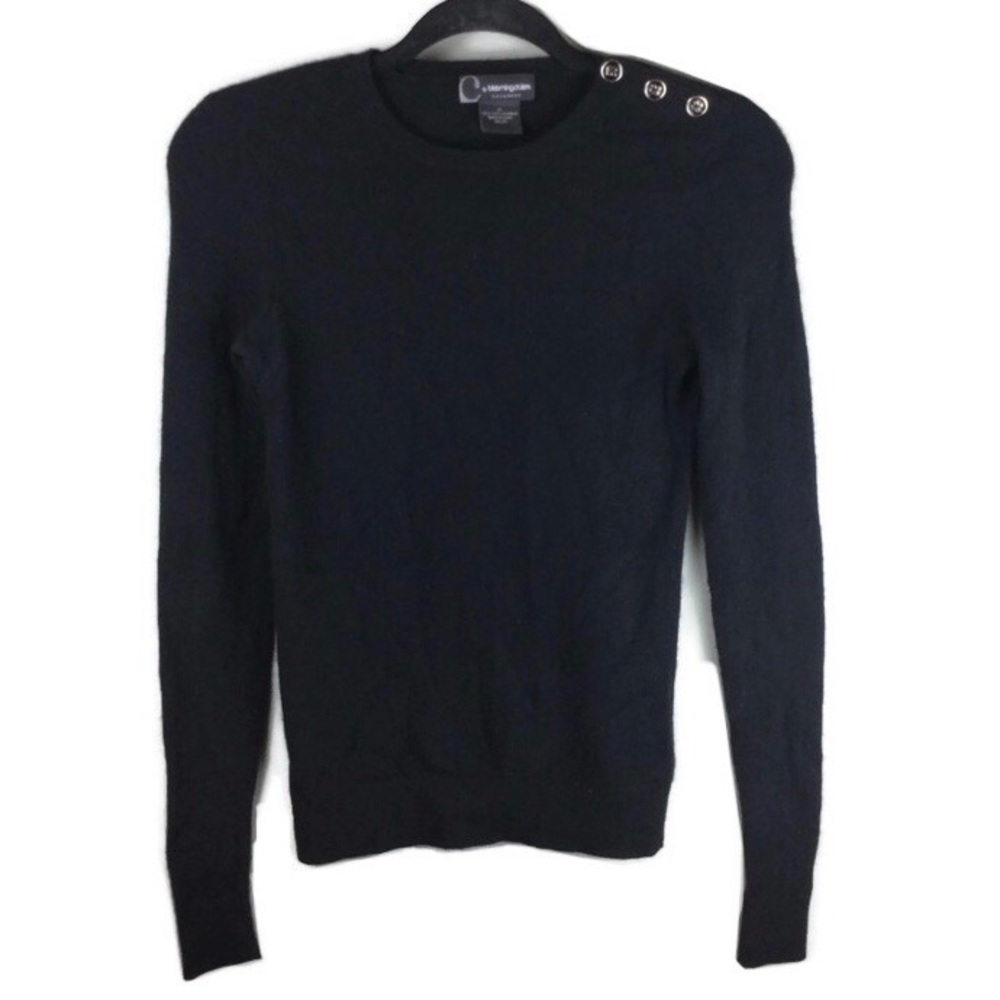 C by Bloomingdale’s 100% Cashmere Shoulder Button Crewneck Black Sweater Sz XS